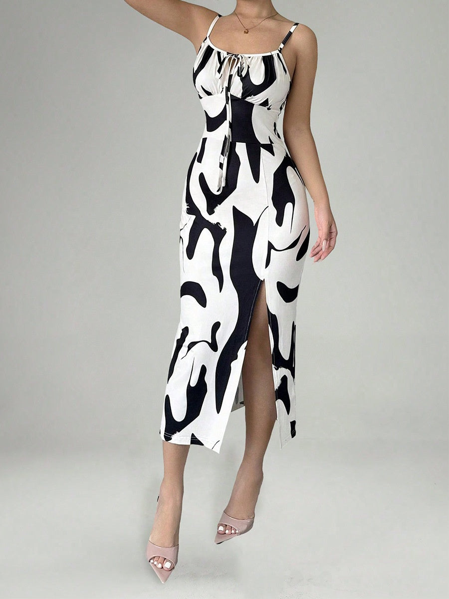 Zebra Print Sexy Vacation-style Slip Dress With Slit Midi Dress