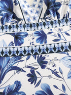 Blue And White Porcelain Print One-piece Slimming And Figure-flattering Long Swimsuit And Sun Protection Dress Two-piece Set