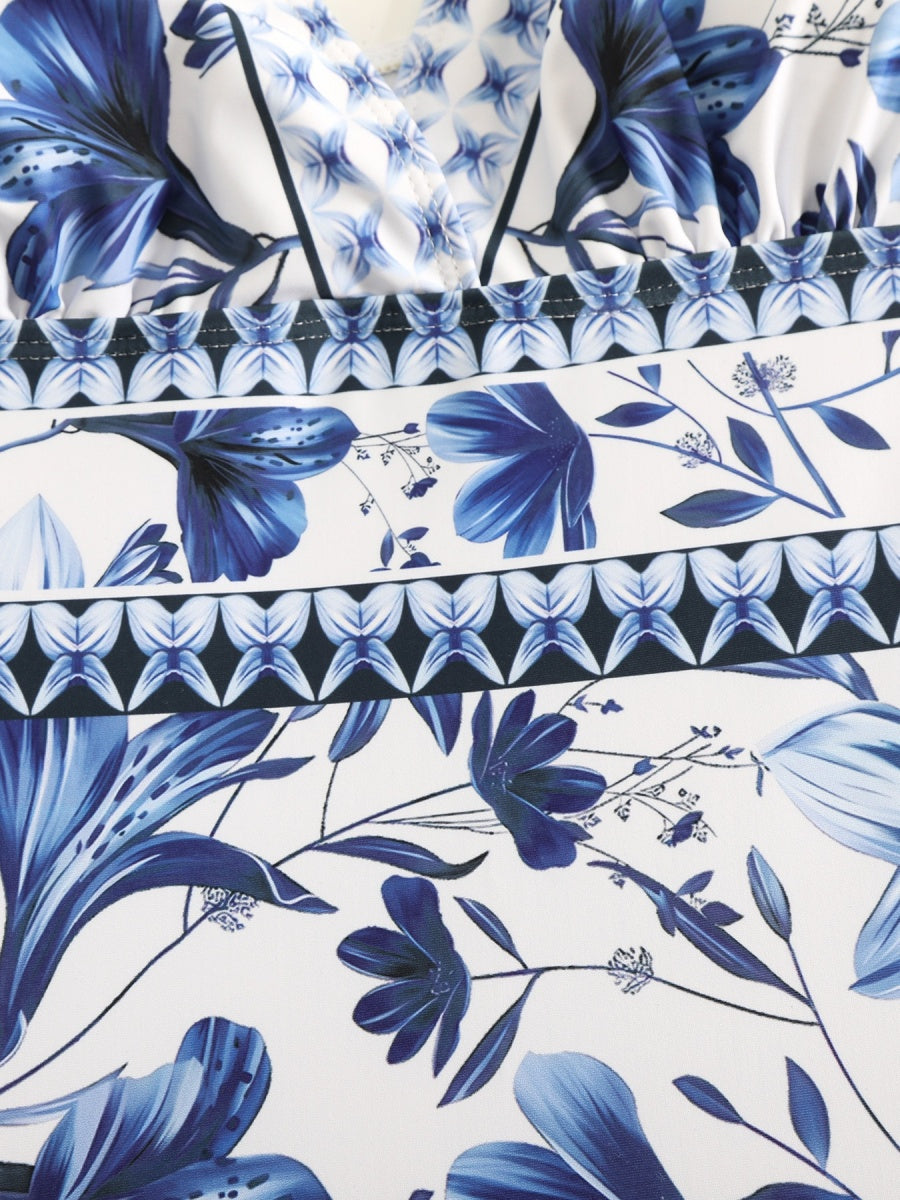 Blue And White Porcelain Print One-piece Slimming And Figure-flattering Long Swimsuit And Sun Protection Dress Two-piece Set