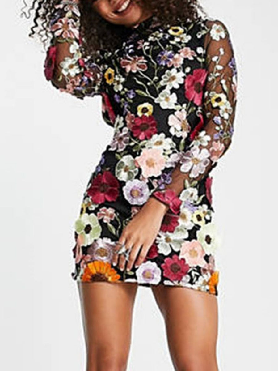 3D Floral Mesh Lace Embroidery Bodycon Slimming Sexy Dress