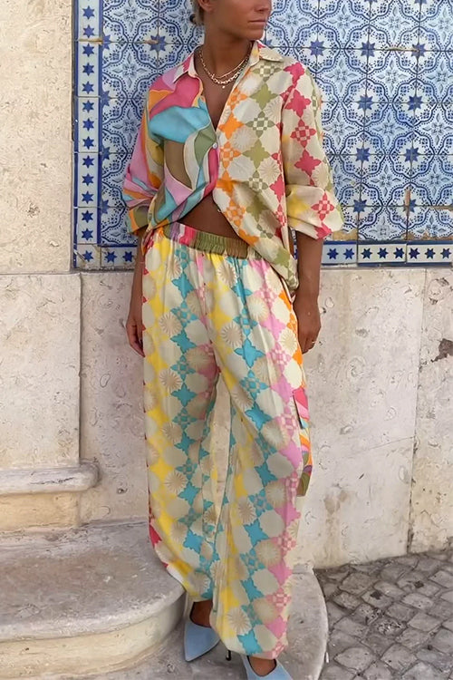 Contrast Print Long Sleeves Blouse Shirt and Pocketed Cargo Pants Set