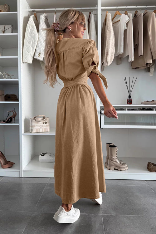 Denim Deep V-Neck Puff Sleeve Button Front Split Midi Dress