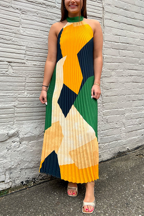 Halter Backless Color Block Printed Maxi Pleated Dress