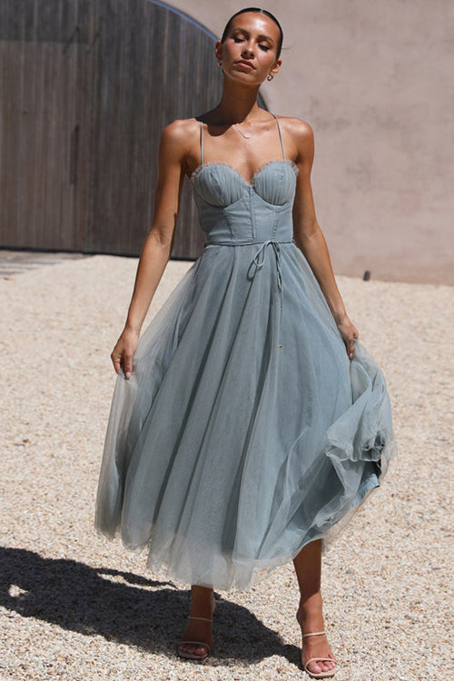 Tulle Corset Sweetheart Spaghetti Strap Tie Waist Midi Dress