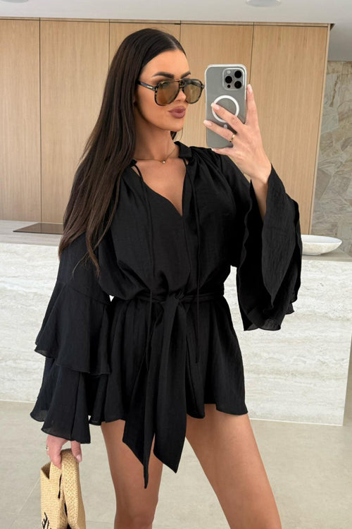 Textured Bell Sleeve Tie Waist Deep V-Neck Romper