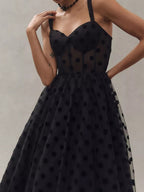 Mesh Polka Dots Temperament Little Black Dress Reunion Maxi Dresses