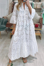 V Neck Flare Sleeves Lace Hollow Out Tiered Maxi Dress