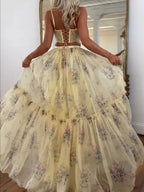 Floral Chiffon Elegant Midi Skirt Halter Neck Strap Set 2-piece Sets