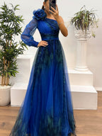 Sloping Shoulders Mesh Printed Reunion Maxi Dresses