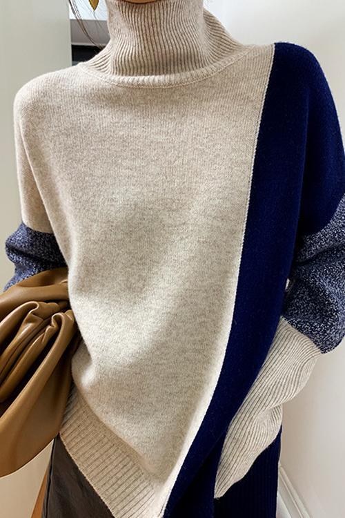 Turtleneck Color Block Splice Side Split Sweater