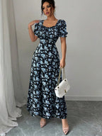 Floral Short Sleeve Square Collar Ruffle Vacation And Leisure Maxi Dresses