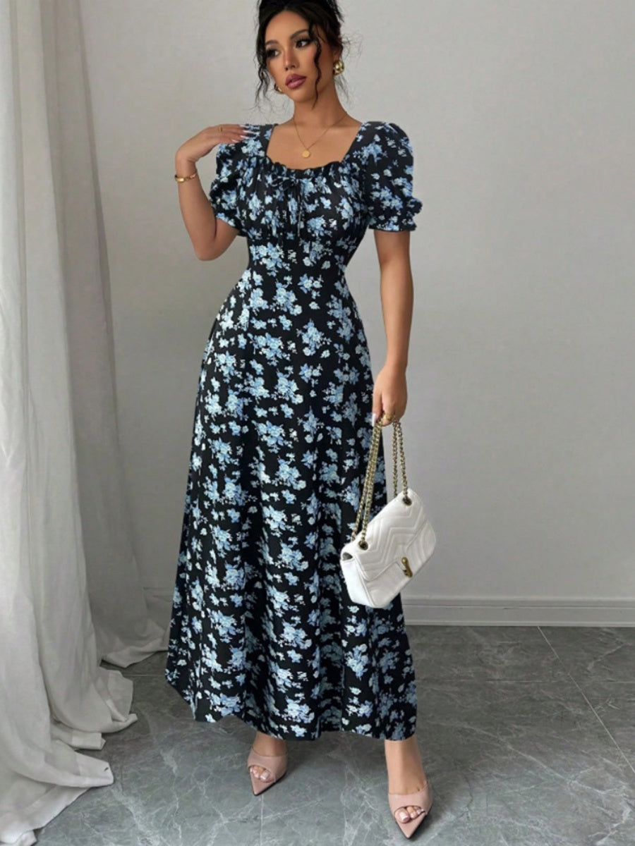 Floral Short Sleeve Square Collar Ruffle Vacation And Leisure Maxi Dresses
