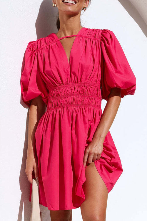 Deep V-Neck Bar Strap Puff Sleeve Smocked Waist Flared Mini Dress
