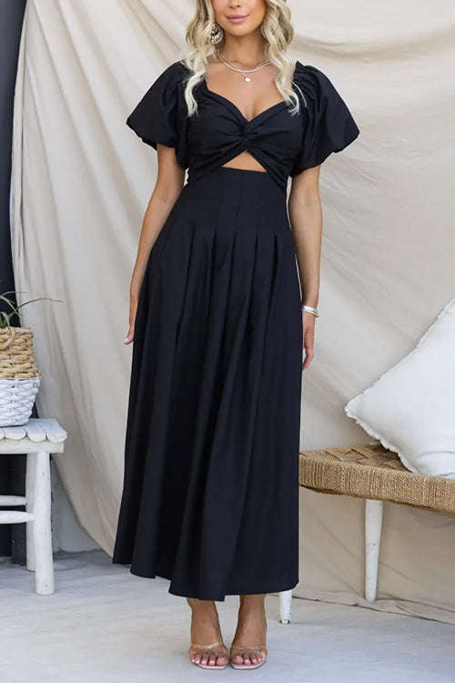 Twist Front Puff Sleeves Cut Out Pocketed Maxi Dress