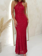 Neckband Evening Gown Sleeveless Sequined Long Dress