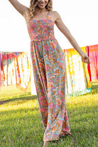 Wide Straps Smocked Wide Leg Floral Jumpsuit