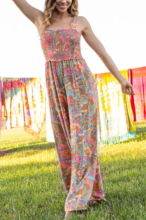 Wide Straps Smocked Wide Leg Floral Jumpsuit