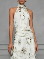 Halter Printed Temperament Waist Parties Maxi Dresses