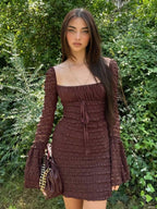 Square Collar Lace Trim Lace Up Long Sleeve Mini&Short Dresses