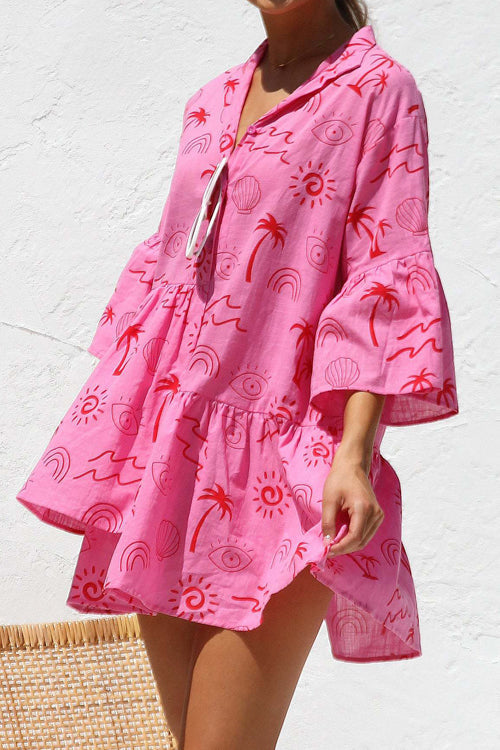 Novelty Sketch Print Collar V-Neck Button Front Tiered Smock Mini Dress