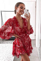 Floral Print Deep V-Neck Bishop Sleeve Tiered Ruffle Mini Dress