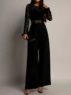 Lace Stitching Perspective Long Sleeve Wide Leg Jumpsuits