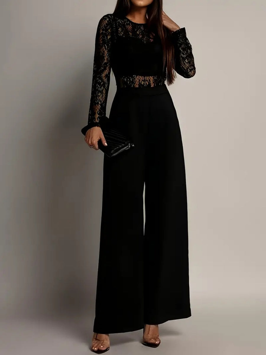 Lace Stitching Perspective Long Sleeve Wide Leg Jumpsuits