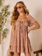 Backless Strapless Tie-up Plaid Mini Dress