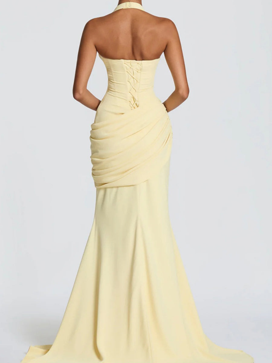 Deep V Halter Backless Mopping Maxi Dresses