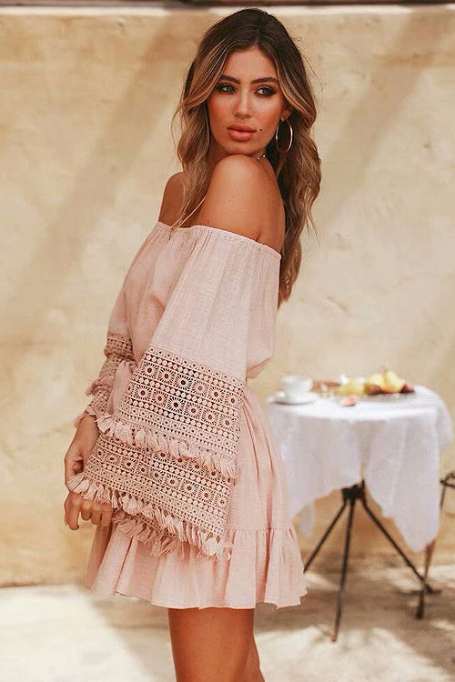 Off-the-Shoulder Bell Sleeve Eyelet Lace Fringe Trim Tie Waist Wrap Mini Dress