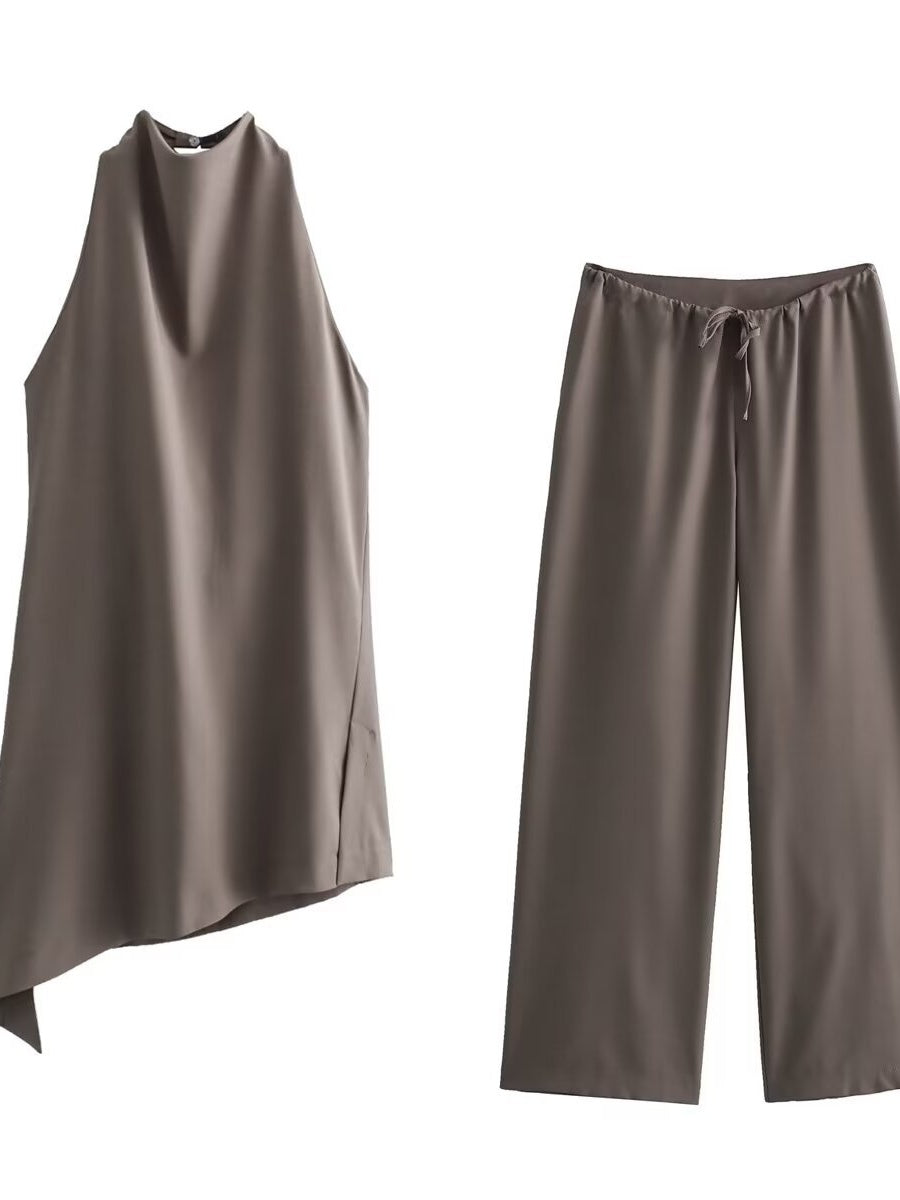 Halter Asymmetrical Jacket Wide-leg Trousers Commuting Set 2-piece Sets