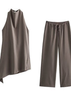Halter Asymmetrical Jacket Wide-leg Trousers Commuting Set 2-piece Sets