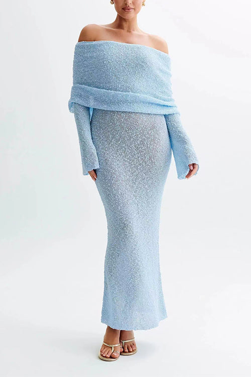 Off Shoulder Long Sleeves Bodycon Knit Maxi Dress