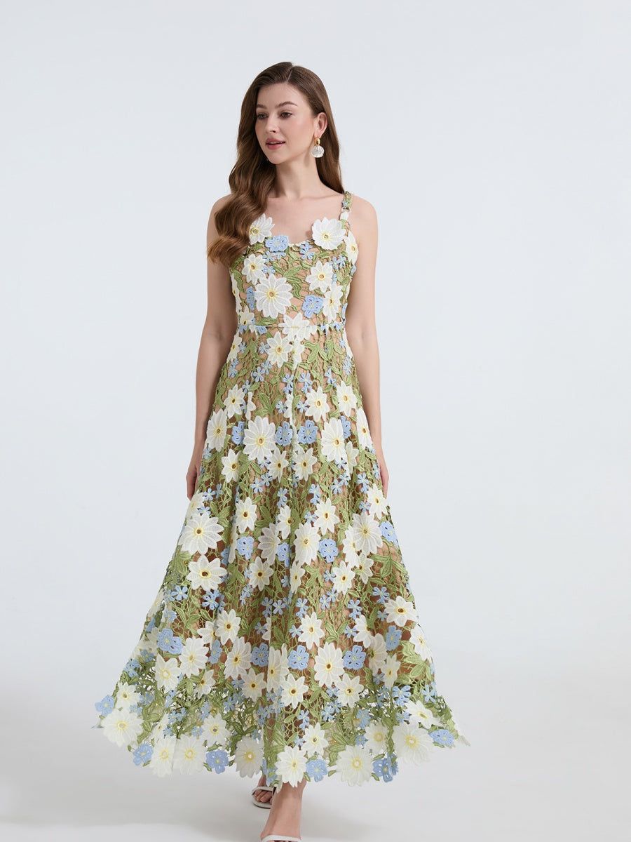 Lace Embroidery Spaghetti Strap Long Dress