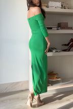Off Shoulder Long Sleeves Back Slit Bodycon Maxi Dress