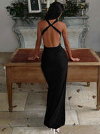 Swing Collar Halter Metal Decoration Maxi Dresses