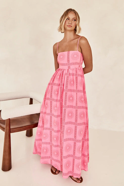 Square Neck Spaghetti Strap Graphic Print Empire Waist Maxi Dress