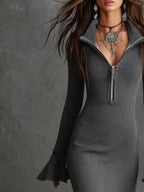 Zipper Lapel Flared Sleeves Fishtail Maxi Dresses