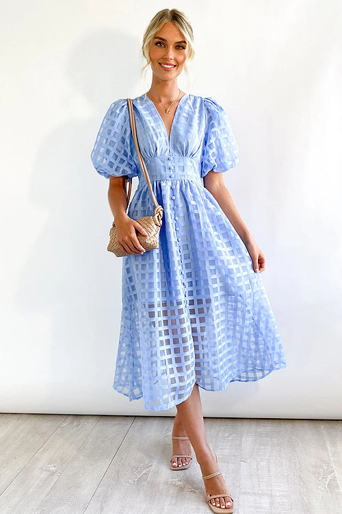 Puff Sleeve Sheer Grid Check Empire Waist Button Front Midi Dress