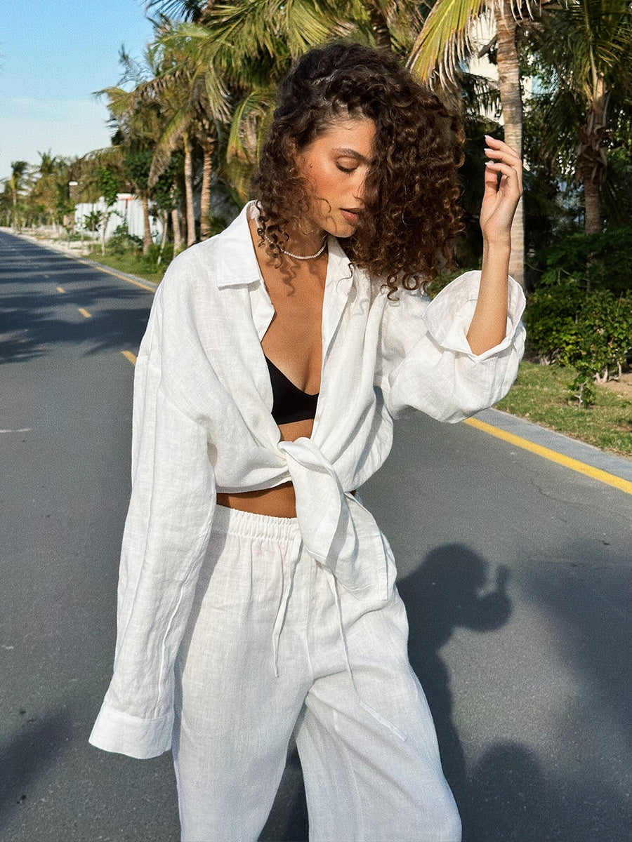 Loose-fitting Long-sleeved Shirt And Casual Trousers Two-piece Set