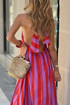 Halter Neck Open Back Striped Ruffle Maxi Vacation Dress