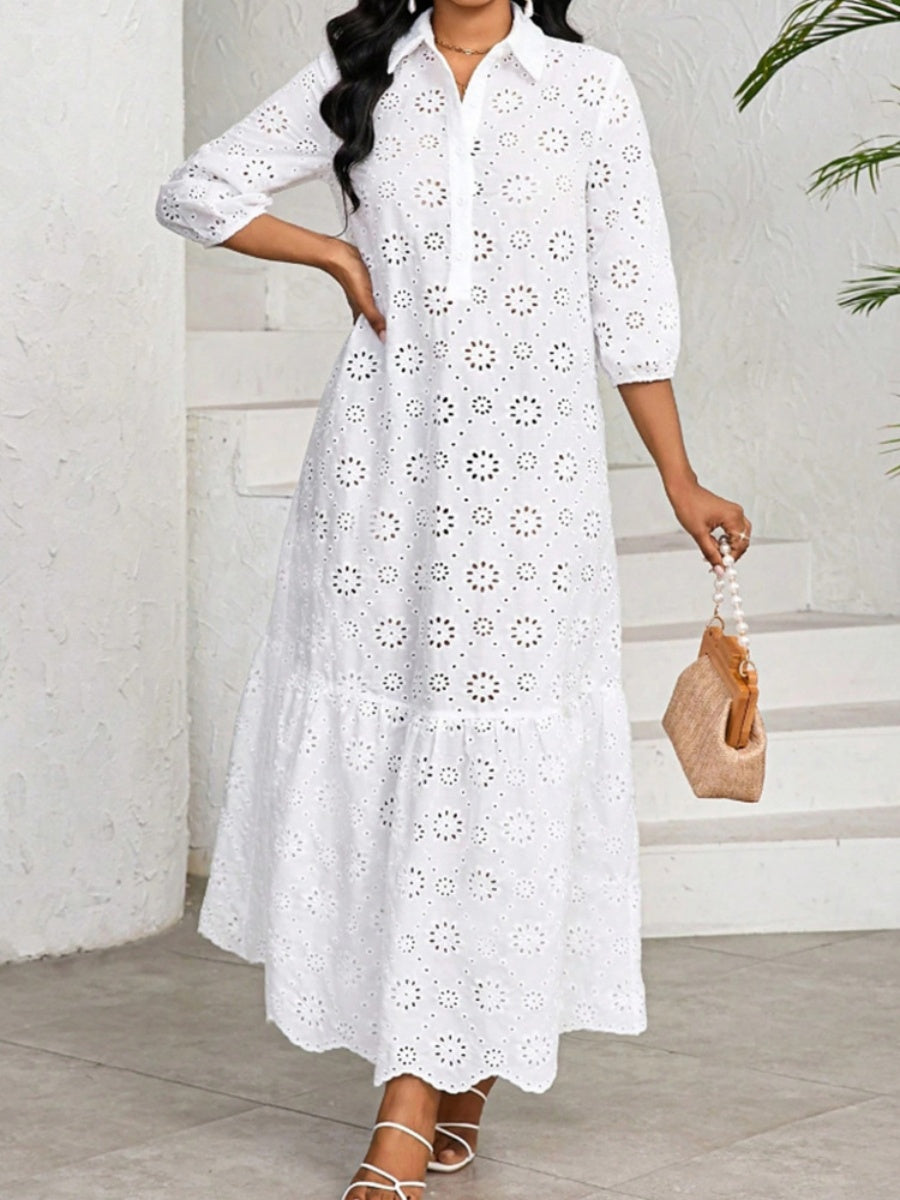 Three-quarter Sleeve Loose Shirt Collar Hollowed-out Lace Long Dress