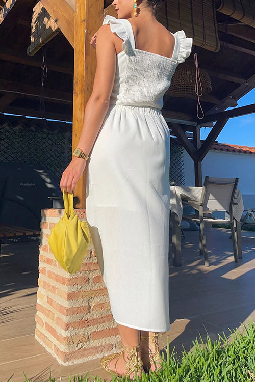 Unique Print Ruffle Cami Crop Top Side Slit Midi Skirt Set