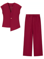 V-neck Buttons Jacket Wide-leg Pants Set Commuting 2-piece Sets