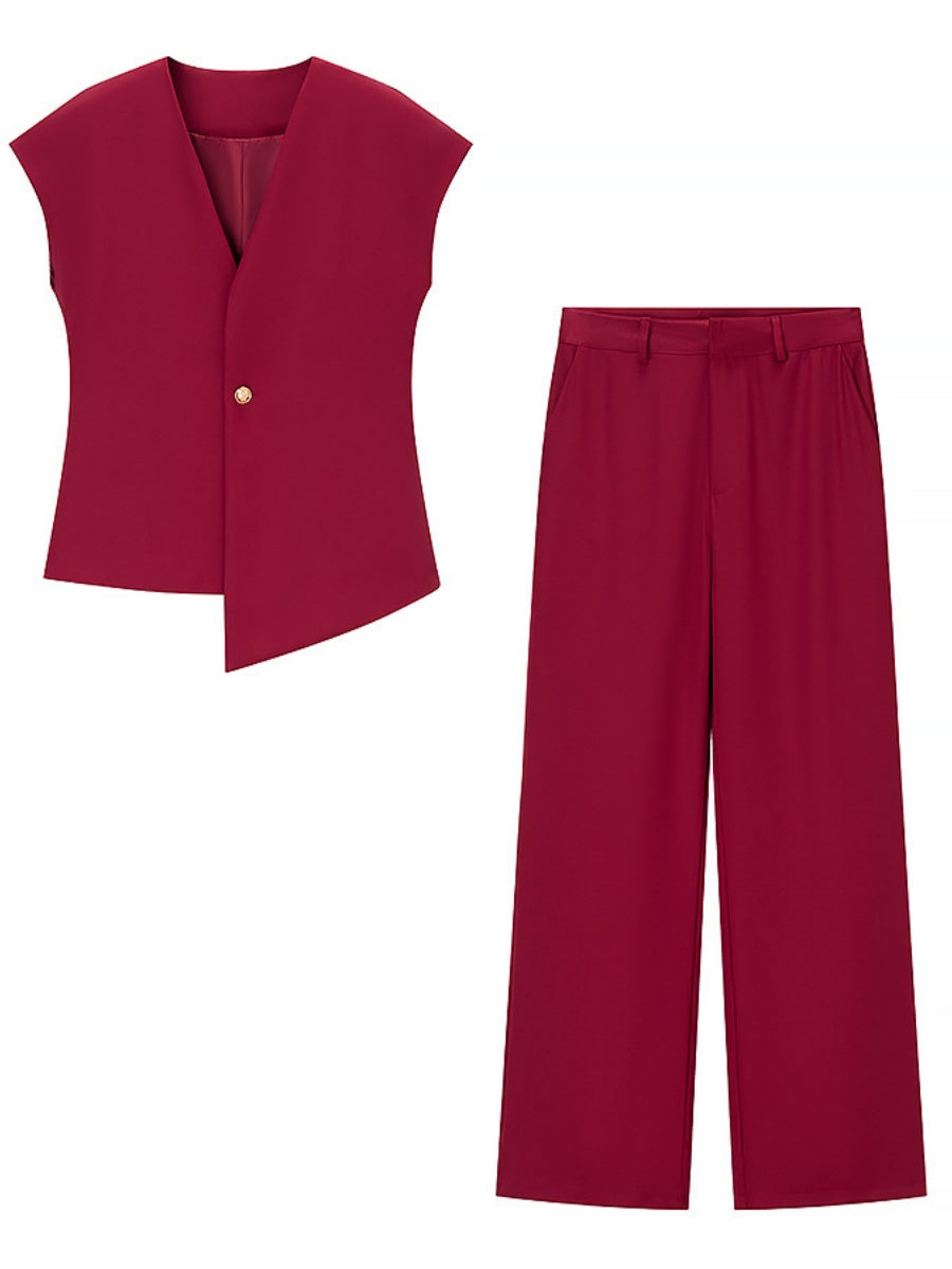 V-neck Buttons Jacket Wide-leg Pants Set Commuting 2-piece Sets