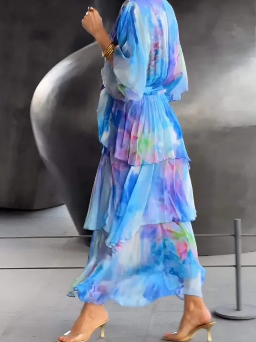 Floral Print Multi-layered Long Dress