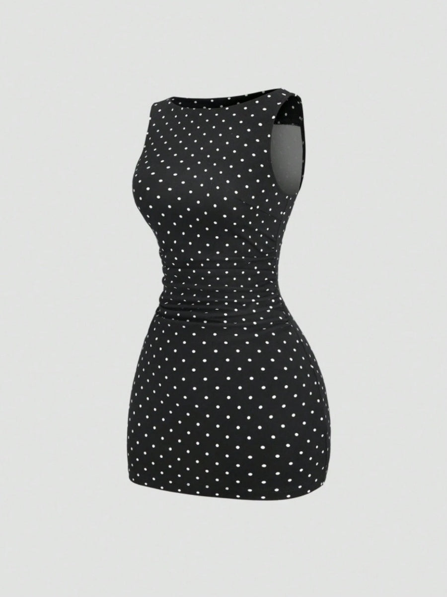 Polka Dots Sleeveless Waist Hip-hugging Mini&Short Dresses