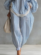 Long-sleeved Blue And White Striped Lace-trimmed Loose-fitting Wide-leg Pants Two-piece Set