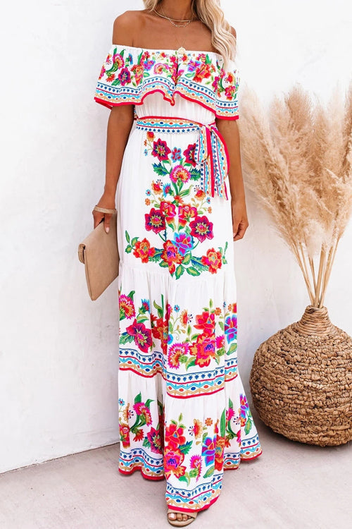 Off Shoulder Ruffle Bardot Tiered Sash Tie Tropical Floral Maxi Dress