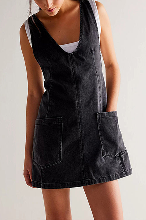 Deep V-Neck Patch Pocket Denim Pinafore Shift Mini Dress